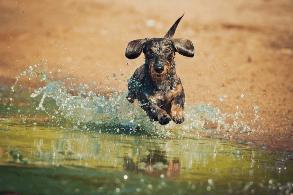 Wire-haired Dachshund jumping in the water